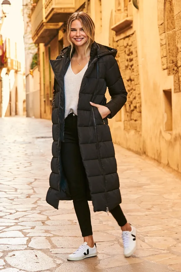 Black Longline Padded Coat With Removable Hood