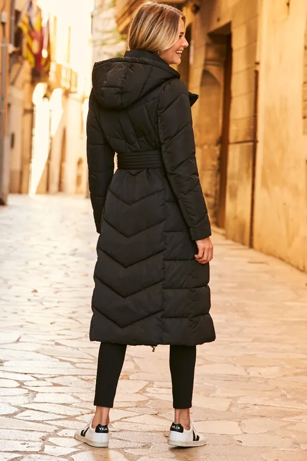 Black Longline Padded Coat With Removable Hood