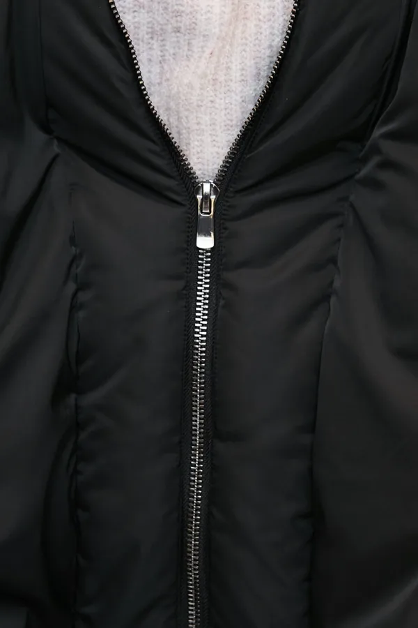 Black Longline Padded Coat With Removable Hood