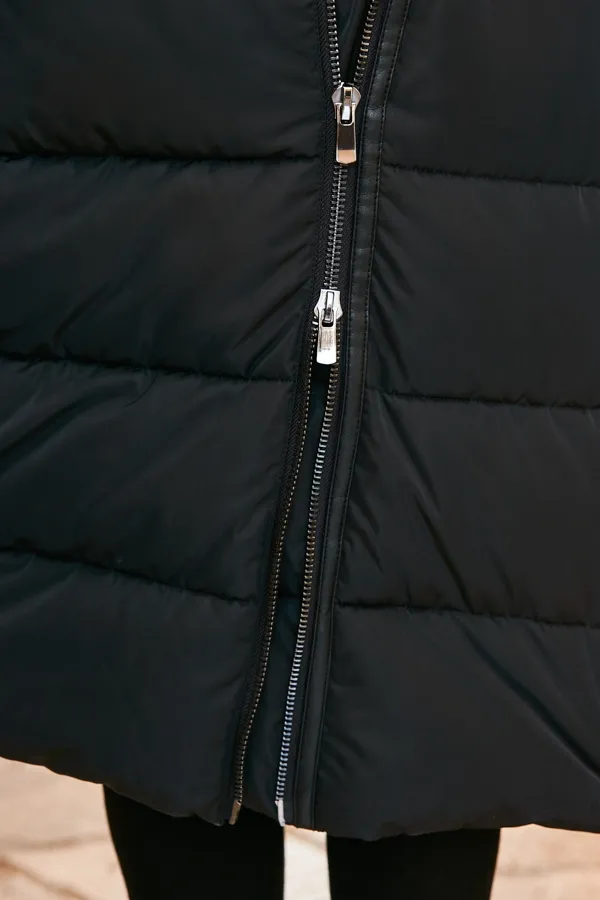 Black Longline Padded Coat With Removable Hood