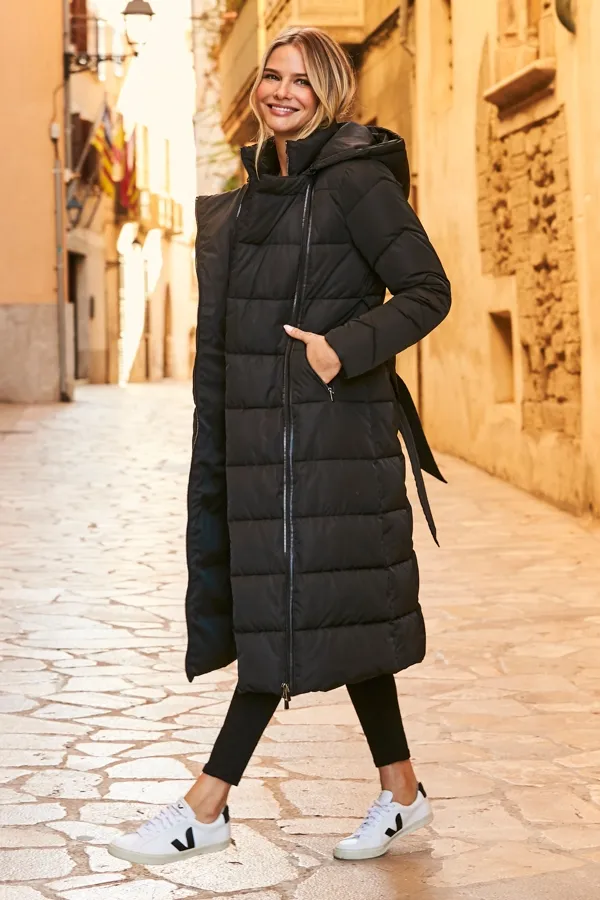 Black Longline Padded Coat With Removable Hood