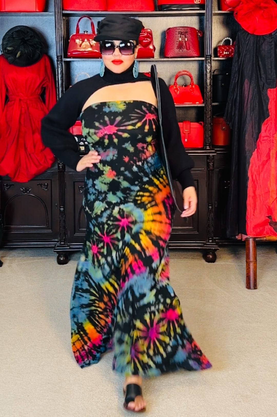 Black Rainbow Tie Dye Print Strapless Maxi Dress