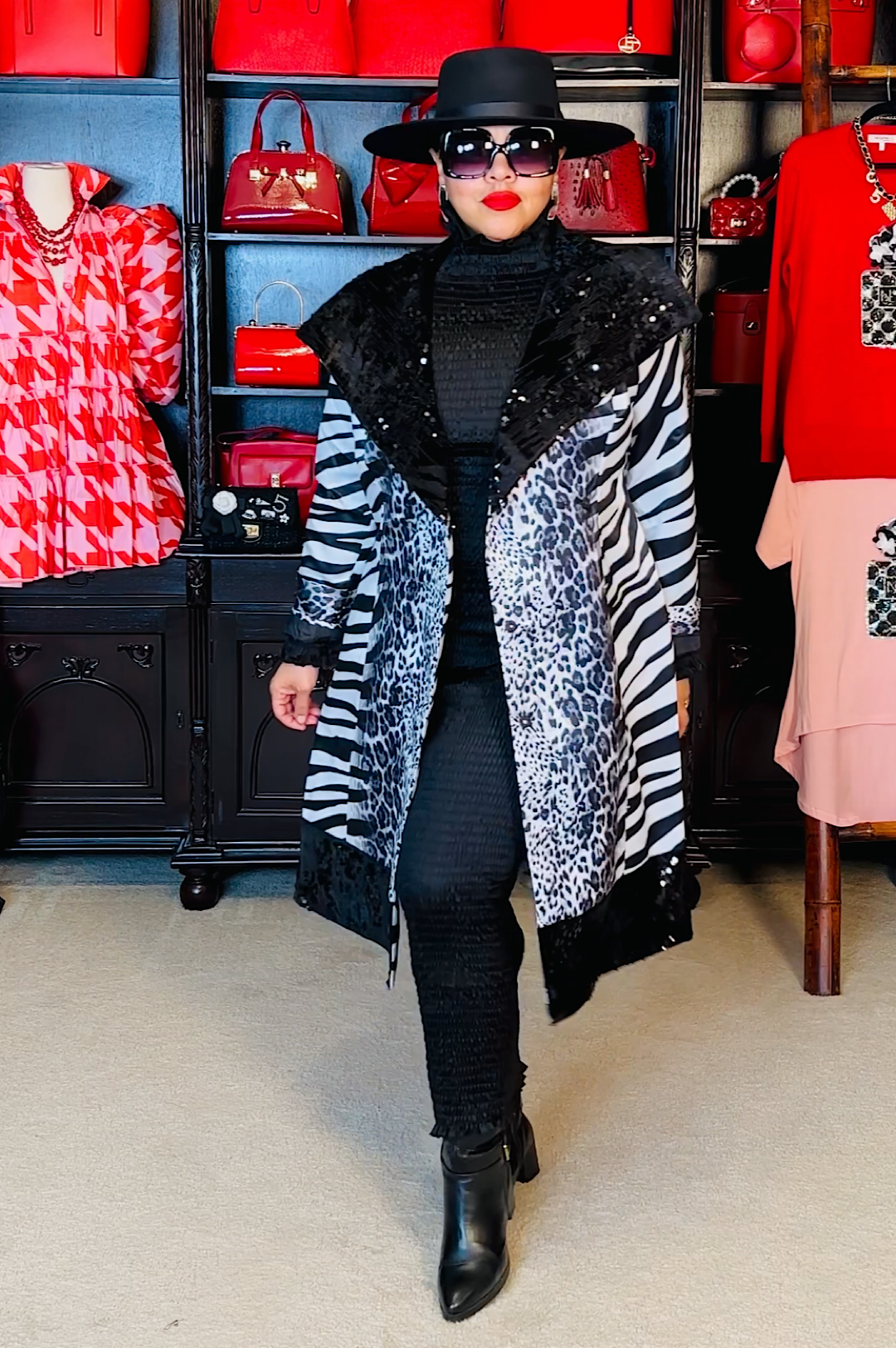 Black Sequin Animal Print Coat Dress