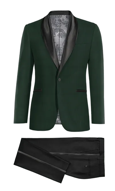  Blazer Esmoquin verde bosque con solapa en negro esencial y pantalón negro