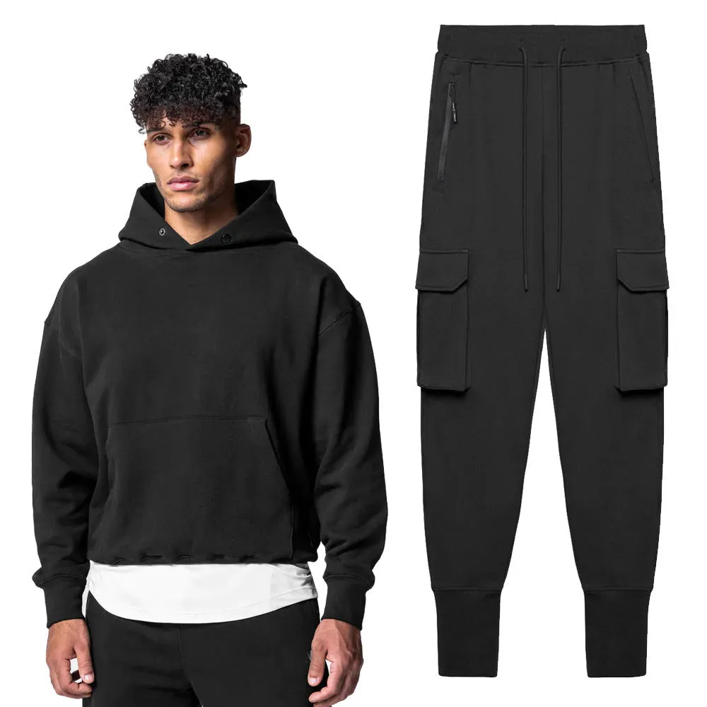 Cargo two-piece oversized fitness hoodie pant suit 6color