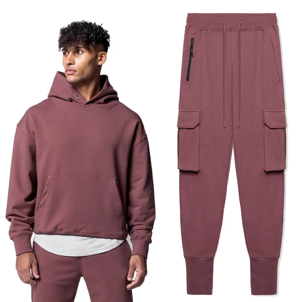 Cargo two-piece oversized fitness hoodie pant suit 6color