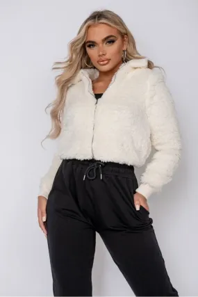 Cream Borg Fur Zip Front Bomber Jacket