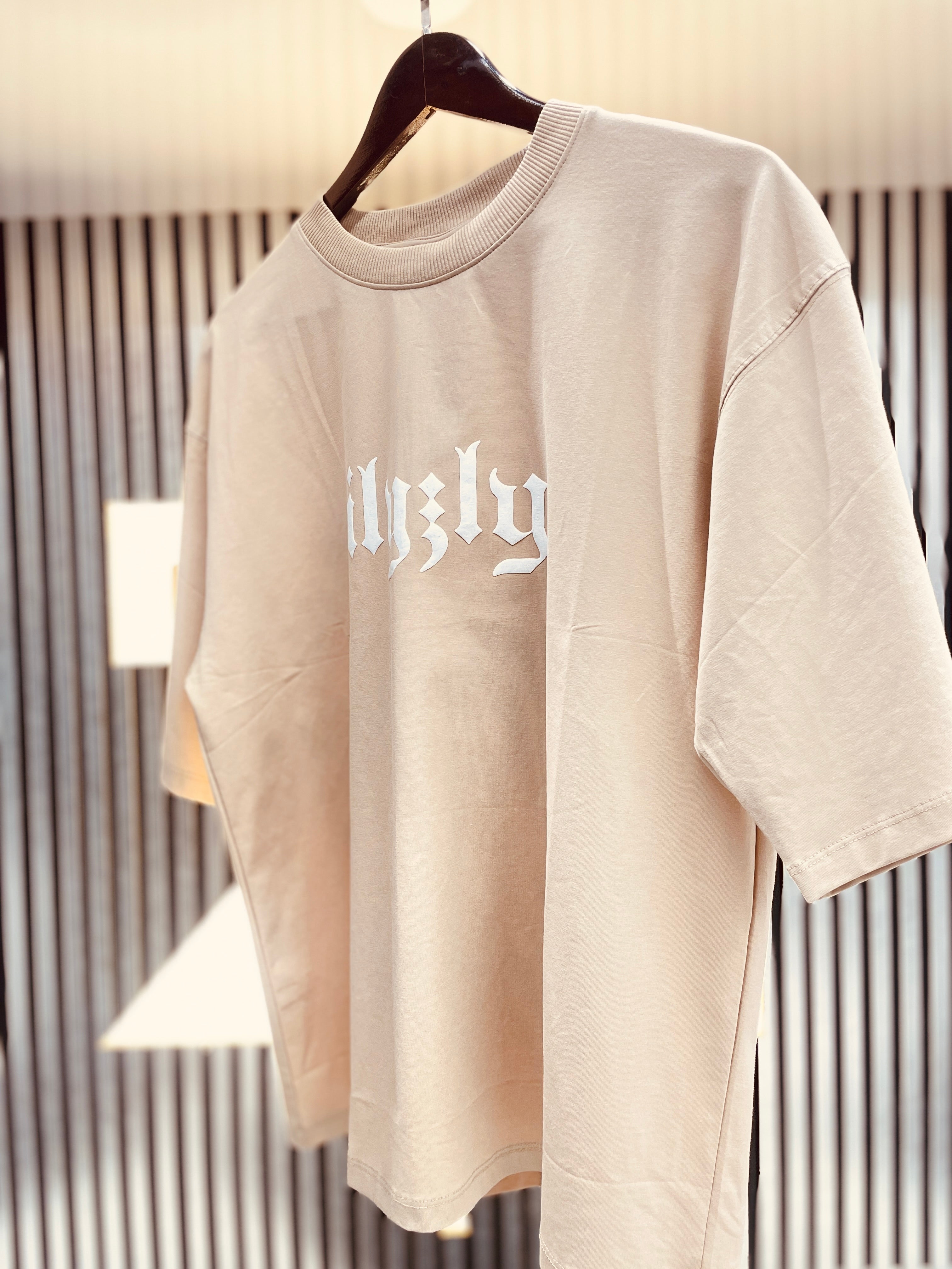 cream street style back printed drop shoulder t shirt