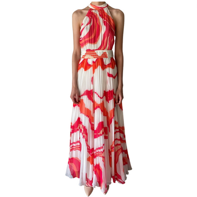 Emily Halter Long Dress in orange and pink print