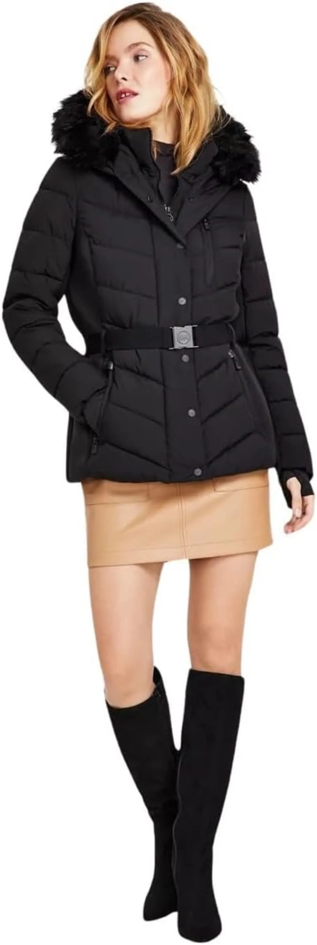 Faux Fur Belted Scuba Coat - Black