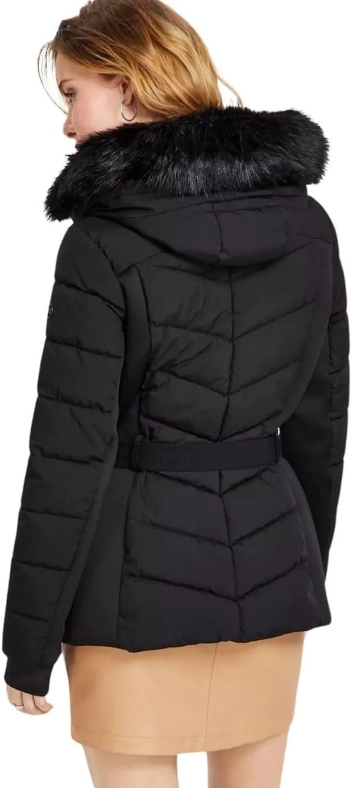 Faux Fur Belted Scuba Coat - Black