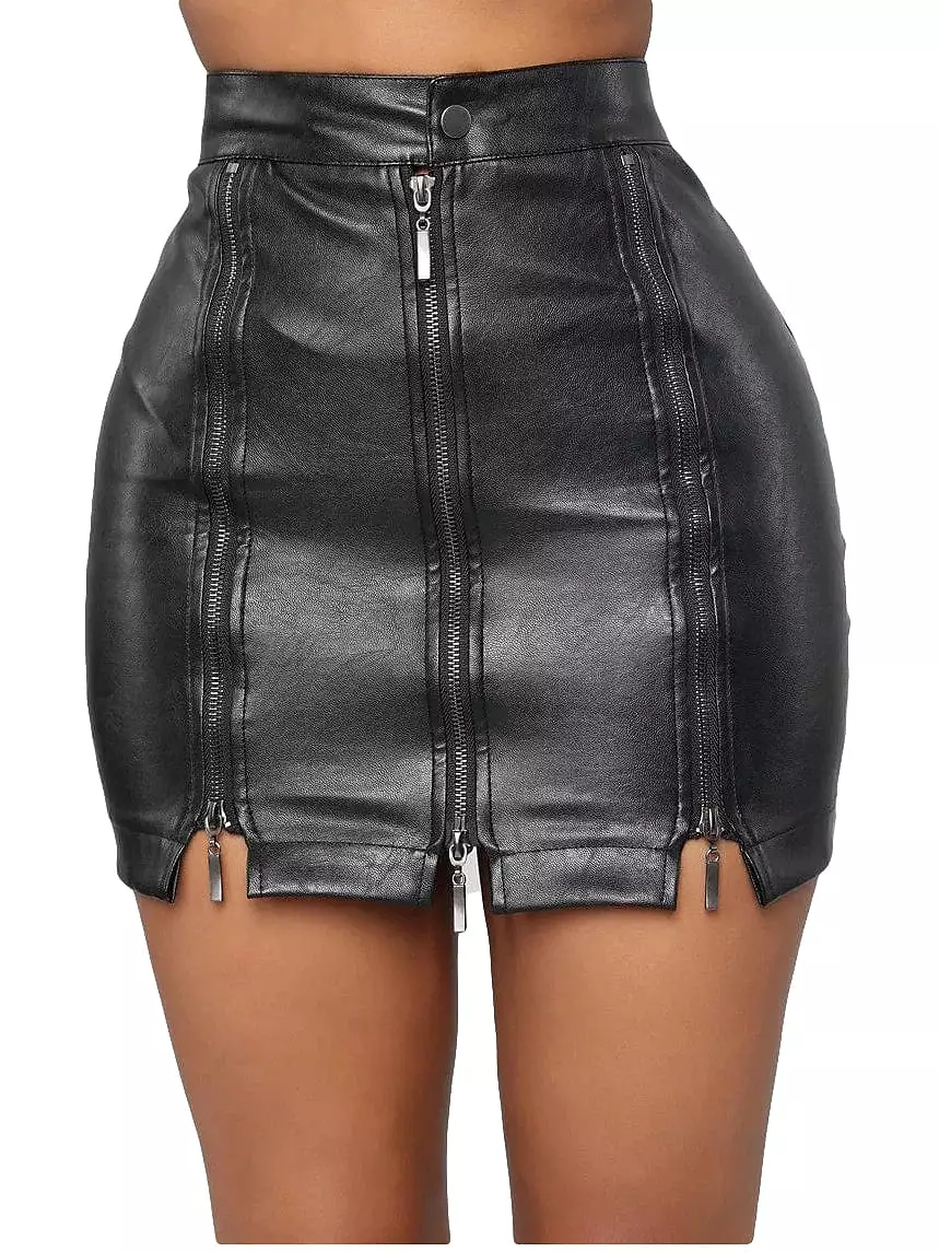 Faux Leather Black Mini Skirt with Lace Detail and Swing Style