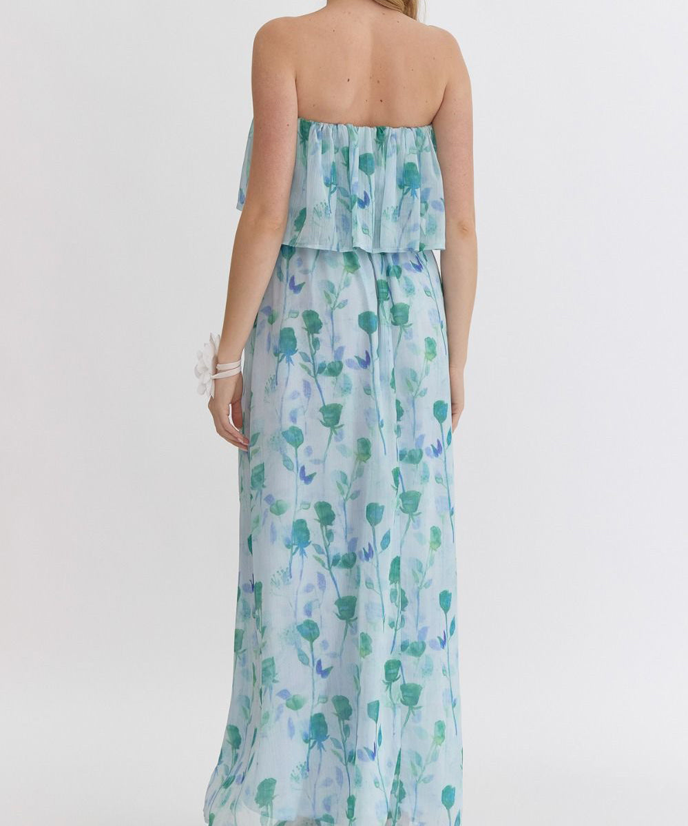 Floral Strapless Maxi Dress - Green Multi