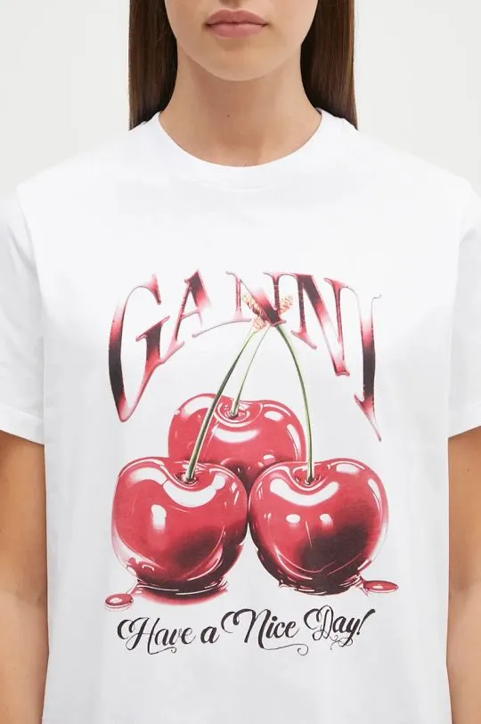 GANNI cotton t-shirt Basic Jersey Cherry women’s white color T4004