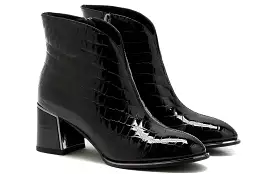 LORETTA VITALE Croc Print Patent Leather Ankle Boot Black