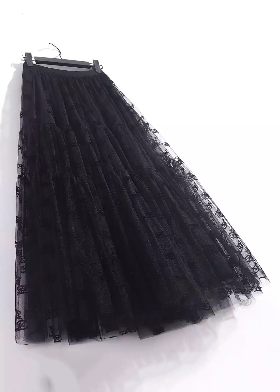 New Black Solid Pleated Tulle Skirt High Waist AS1080