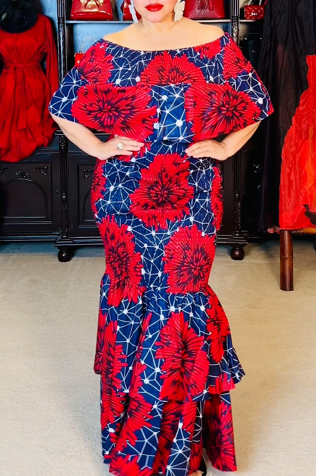 One Size Fits Most Red Print Mermaid Style Dress