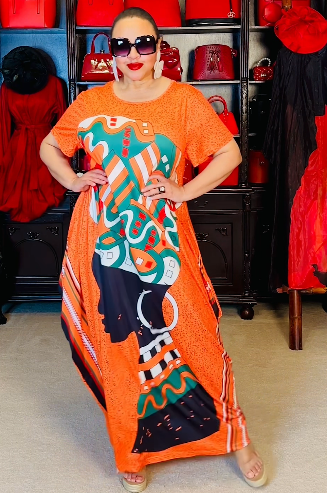 Orange Print One Size Kaftan Dress