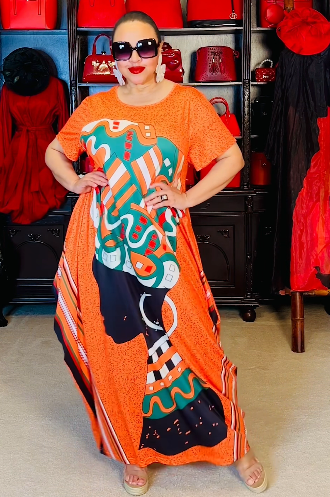 Orange Print One Size Kaftan Dress