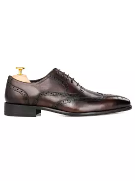 Oxford Brogue Wingtip - Dark Brown Patina Lace Up (Chisel Toe)