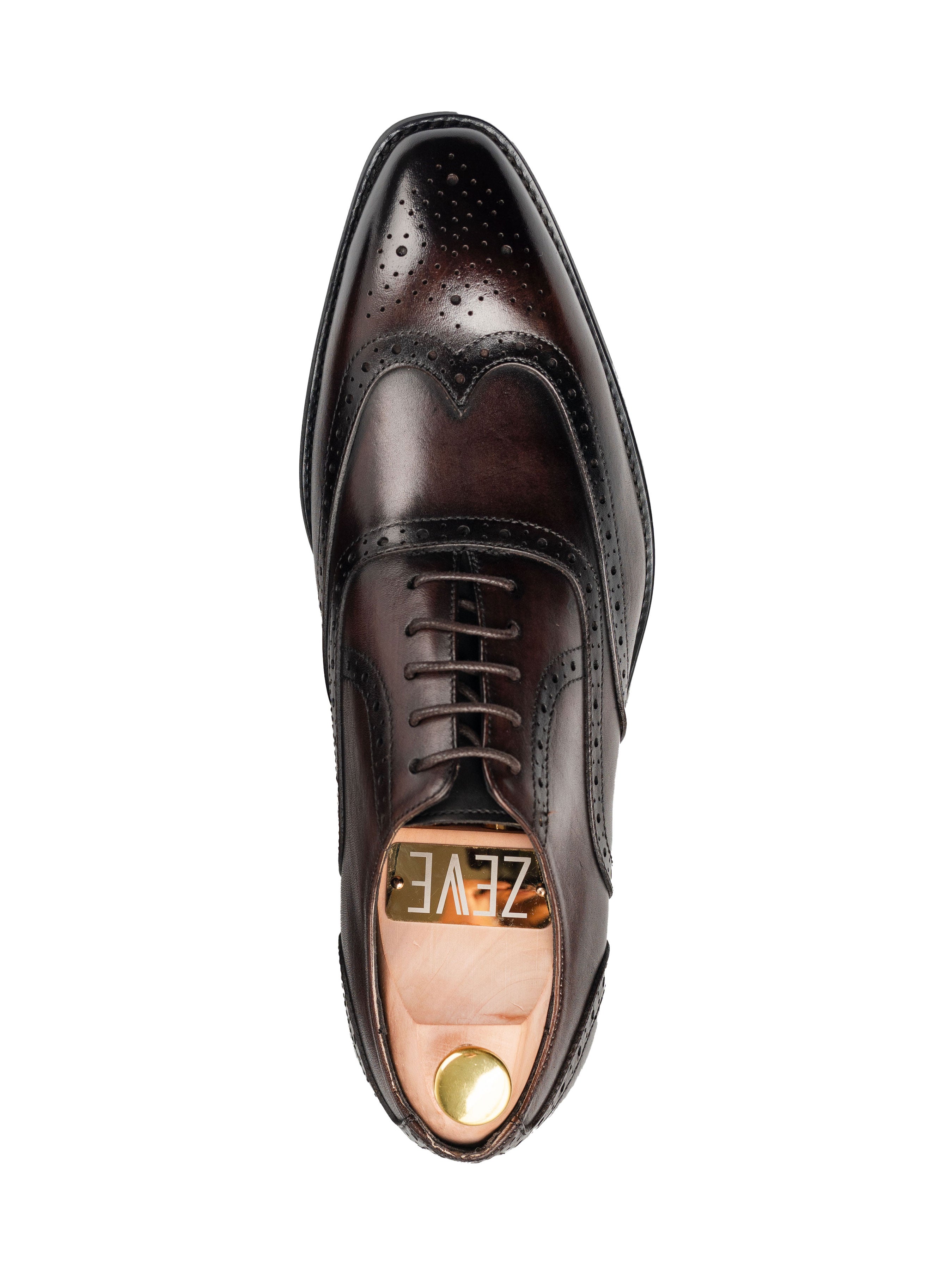 Oxford Brogue Wingtip - Dark Brown Patina Lace Up (Chisel Toe)