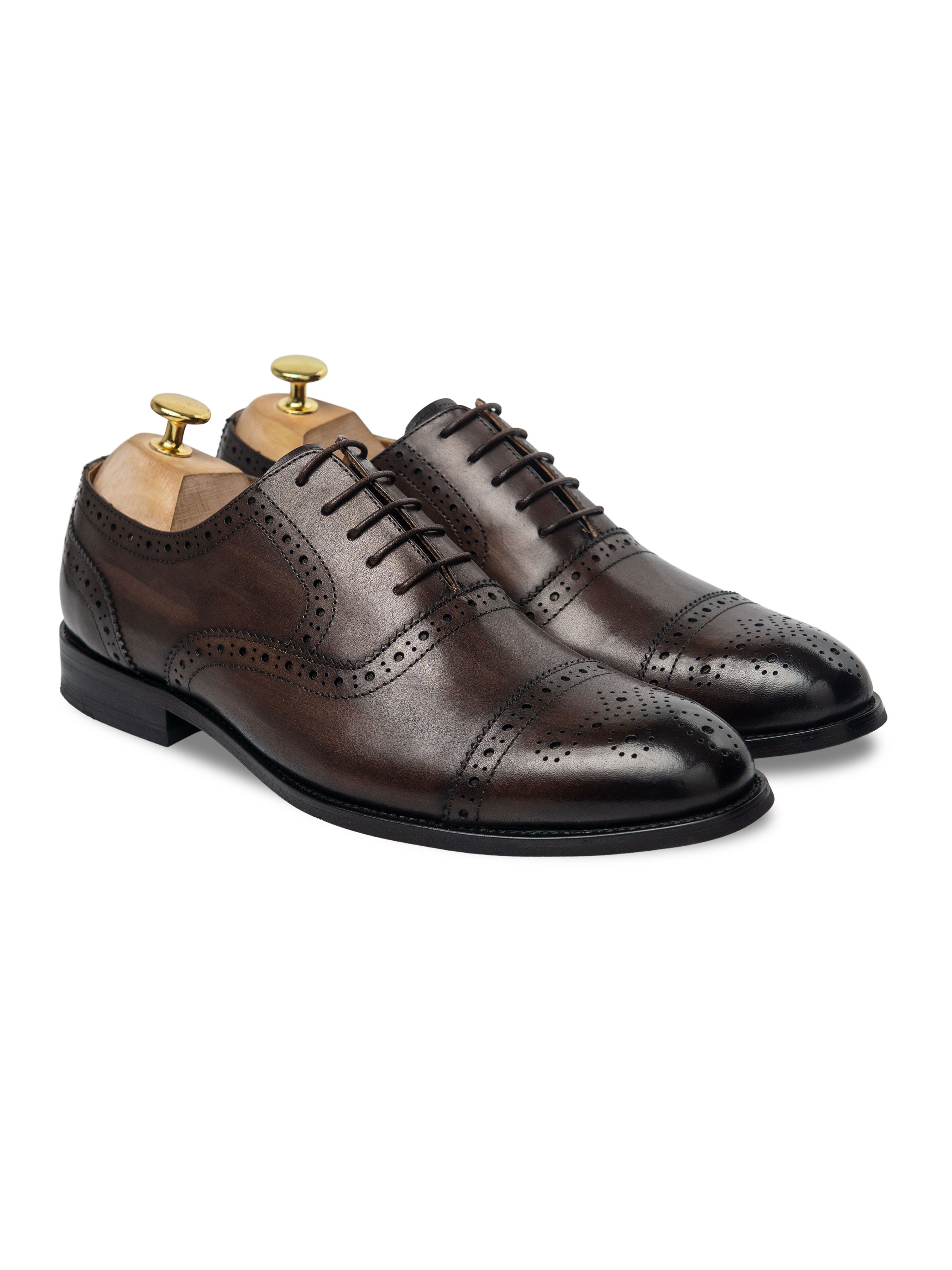 Oxford Cap Toe - Dark Brown Semi Brogue Lace Up (Hand Painted Patina)