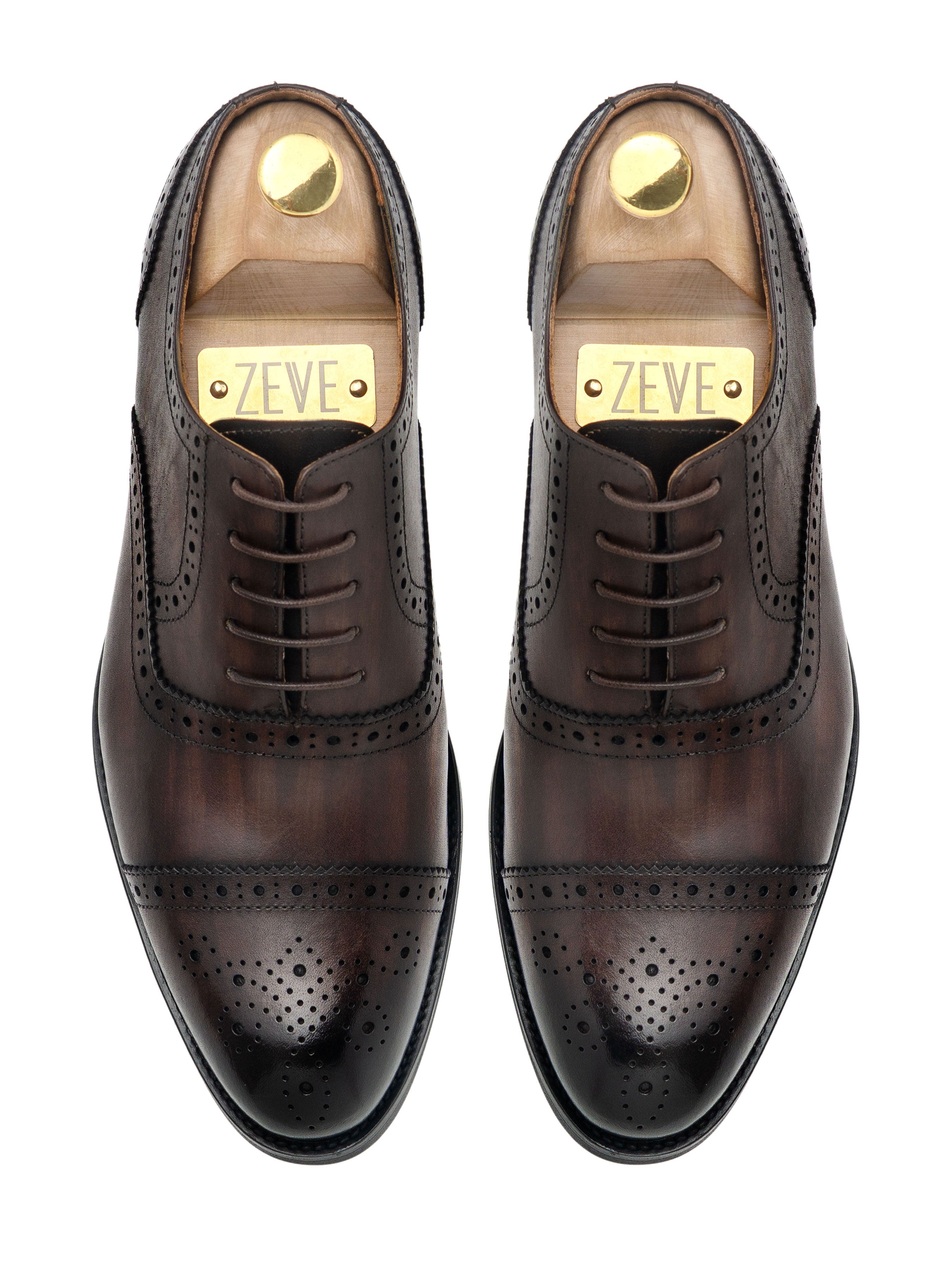 Oxford Cap Toe - Dark Brown Semi Brogue Lace Up (Hand Painted Patina)