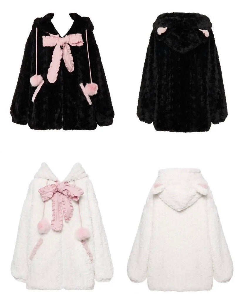 Pink Black Kitty Hoodie Tie Bowknot Coat - Kimi