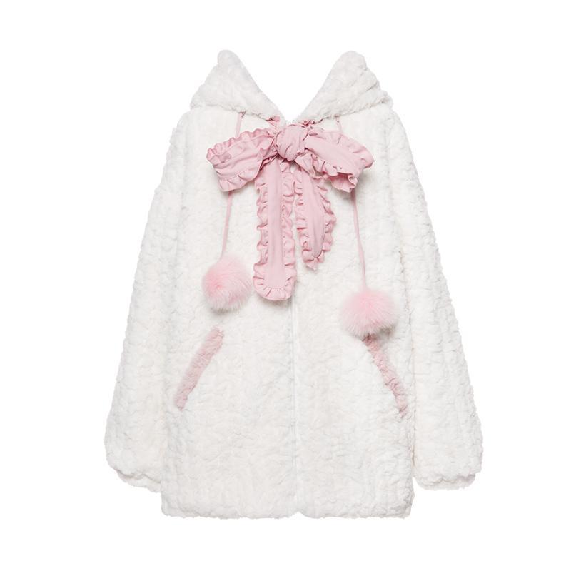 Pink Black Kitty Hoodie Tie Bowknot Coat - Kimi