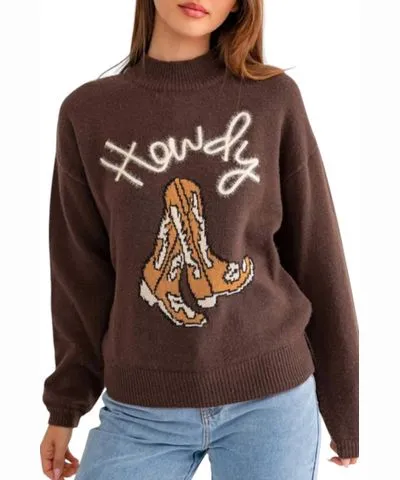 Pretty Bash Howdy Boot Mock Neck Sweater In Coffee