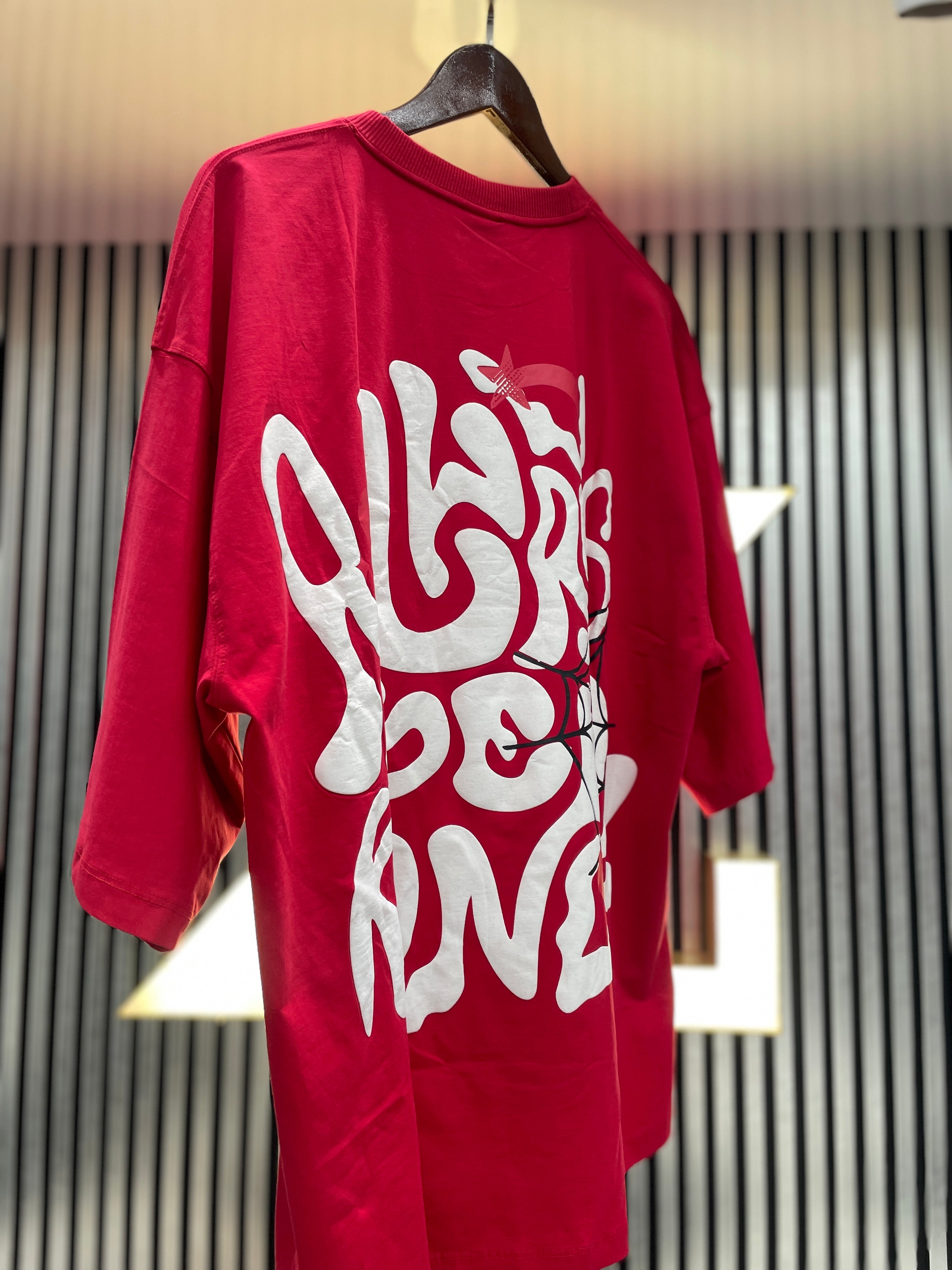 red street style back printed drop shoulder t shirt