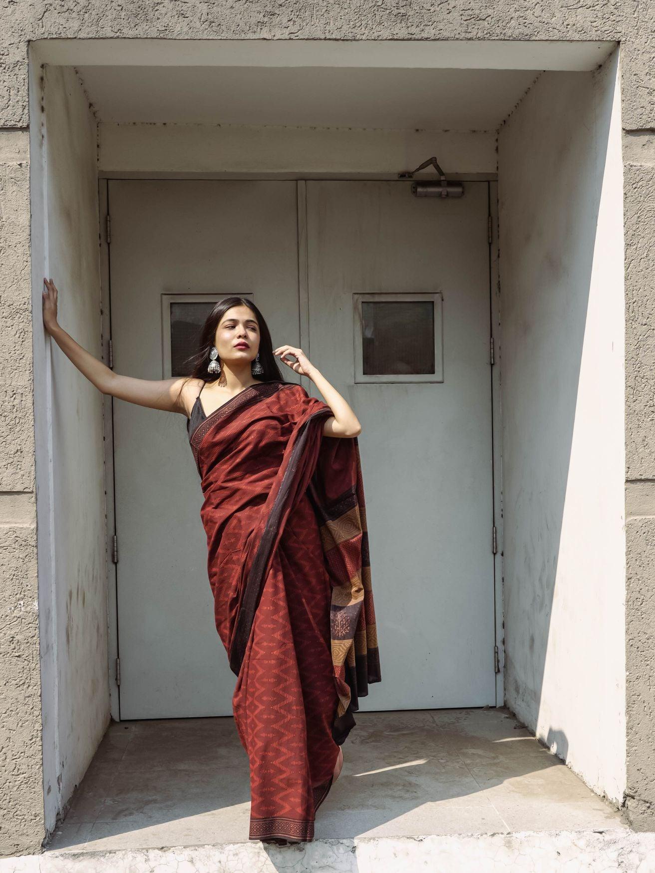 Roheda Chevron natural dyed handblock printed Bagru saree