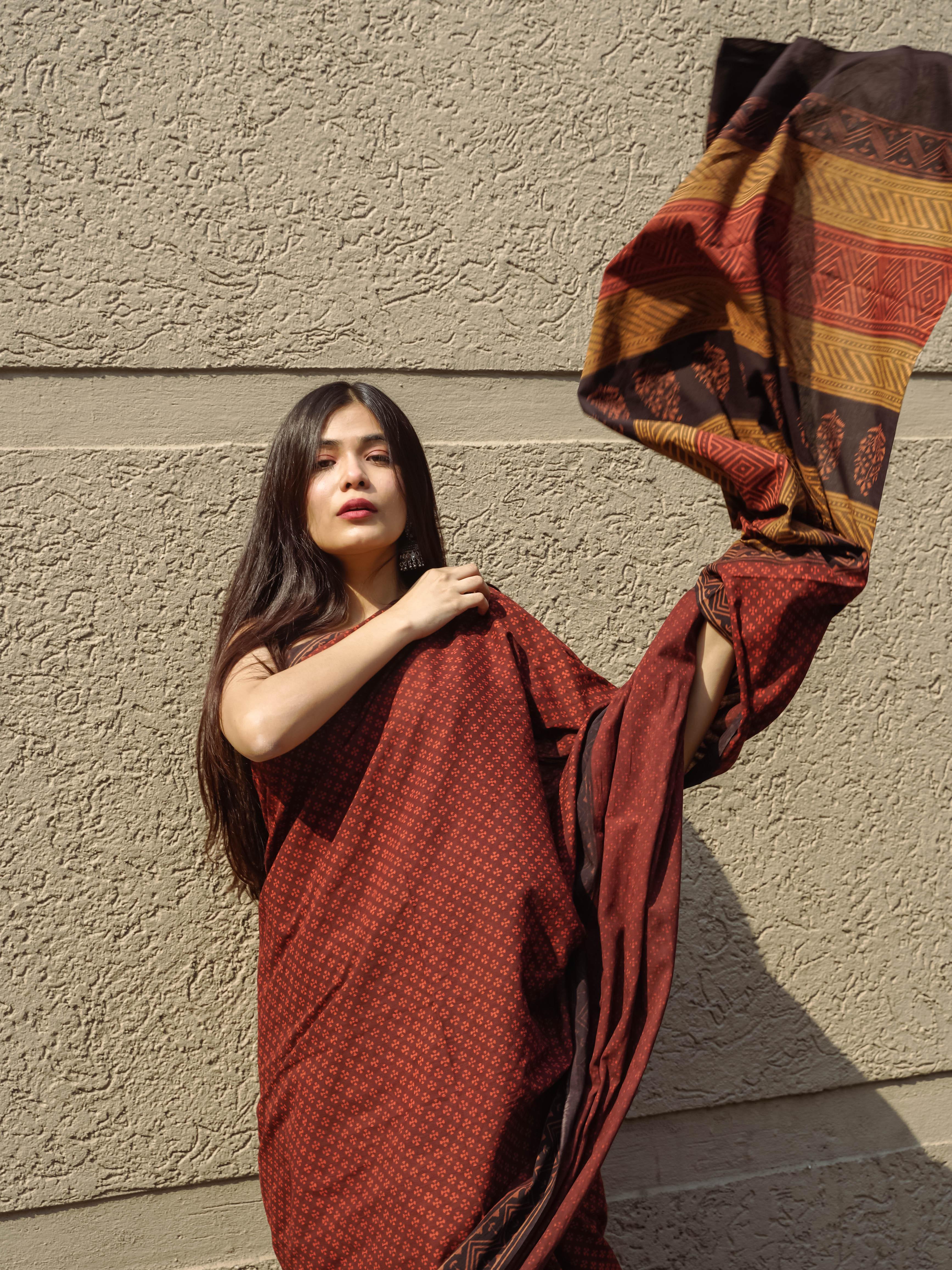 Roheda Makkhi buta natural dyed handblock printed Bagru saree