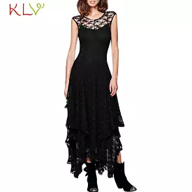 Summer Dress Women Lace Elegant Layered Ruffles Long Dress Sexy