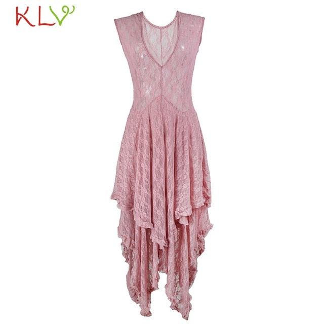 Summer Dress Women Lace Elegant Layered Ruffles Long Dress Sexy