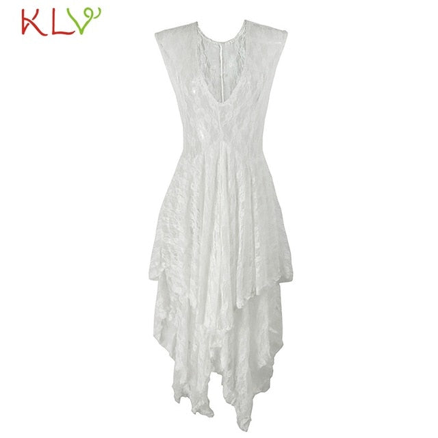 Summer Dress Women Lace Elegant Layered Ruffles Long Dress Sexy