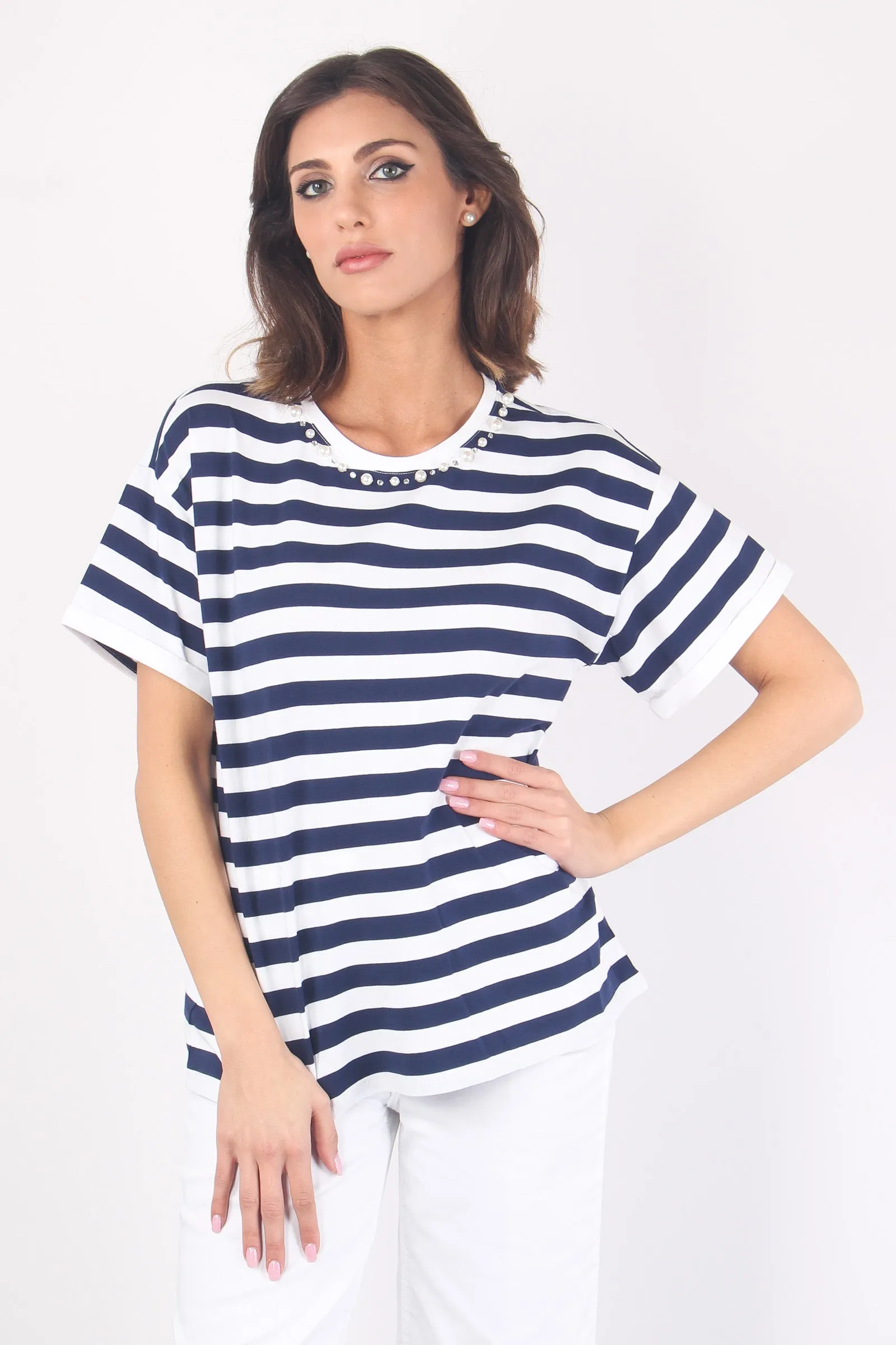 T-shirt Over Righe Collo Perle Bianco/blu