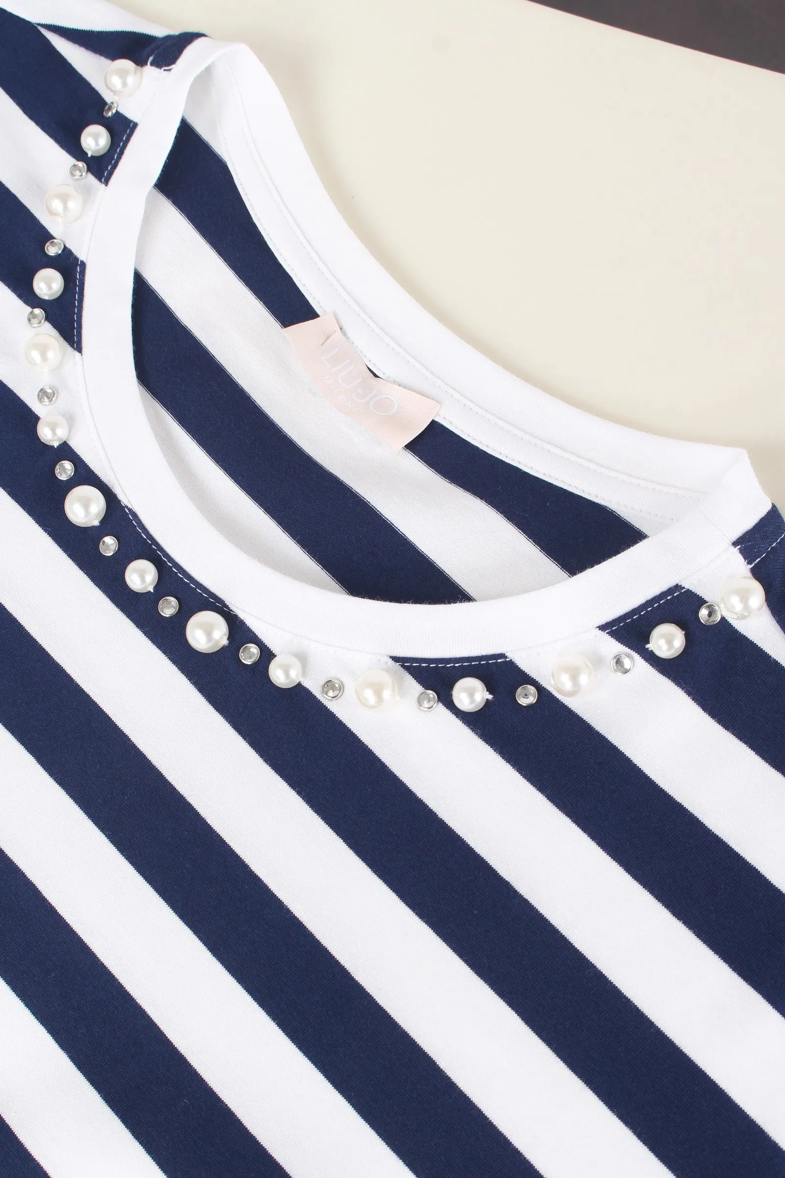 T-shirt Over Righe Collo Perle Bianco/blu