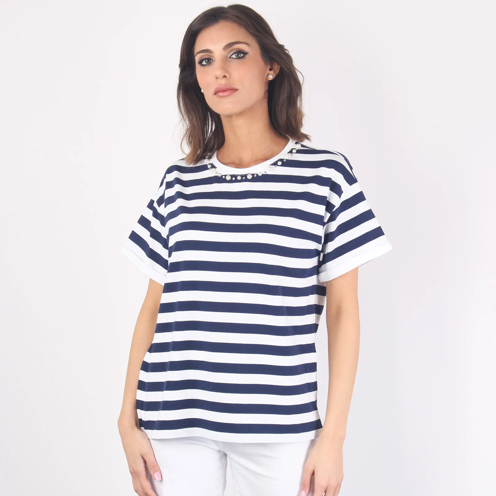 T-shirt Over Righe Collo Perle Bianco/blu