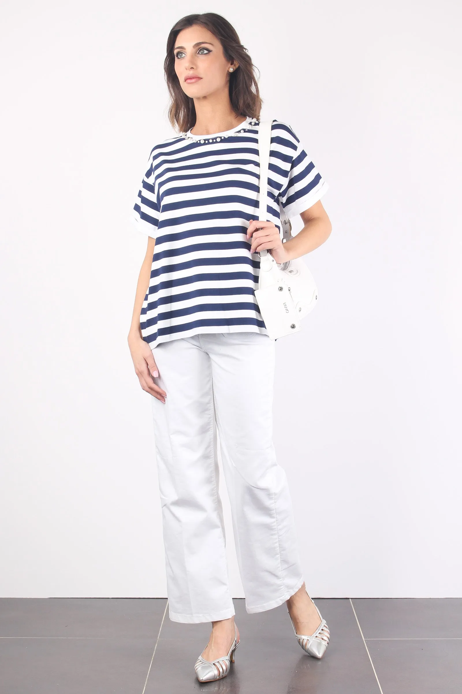 T-shirt Over Righe Collo Perle Bianco/blu