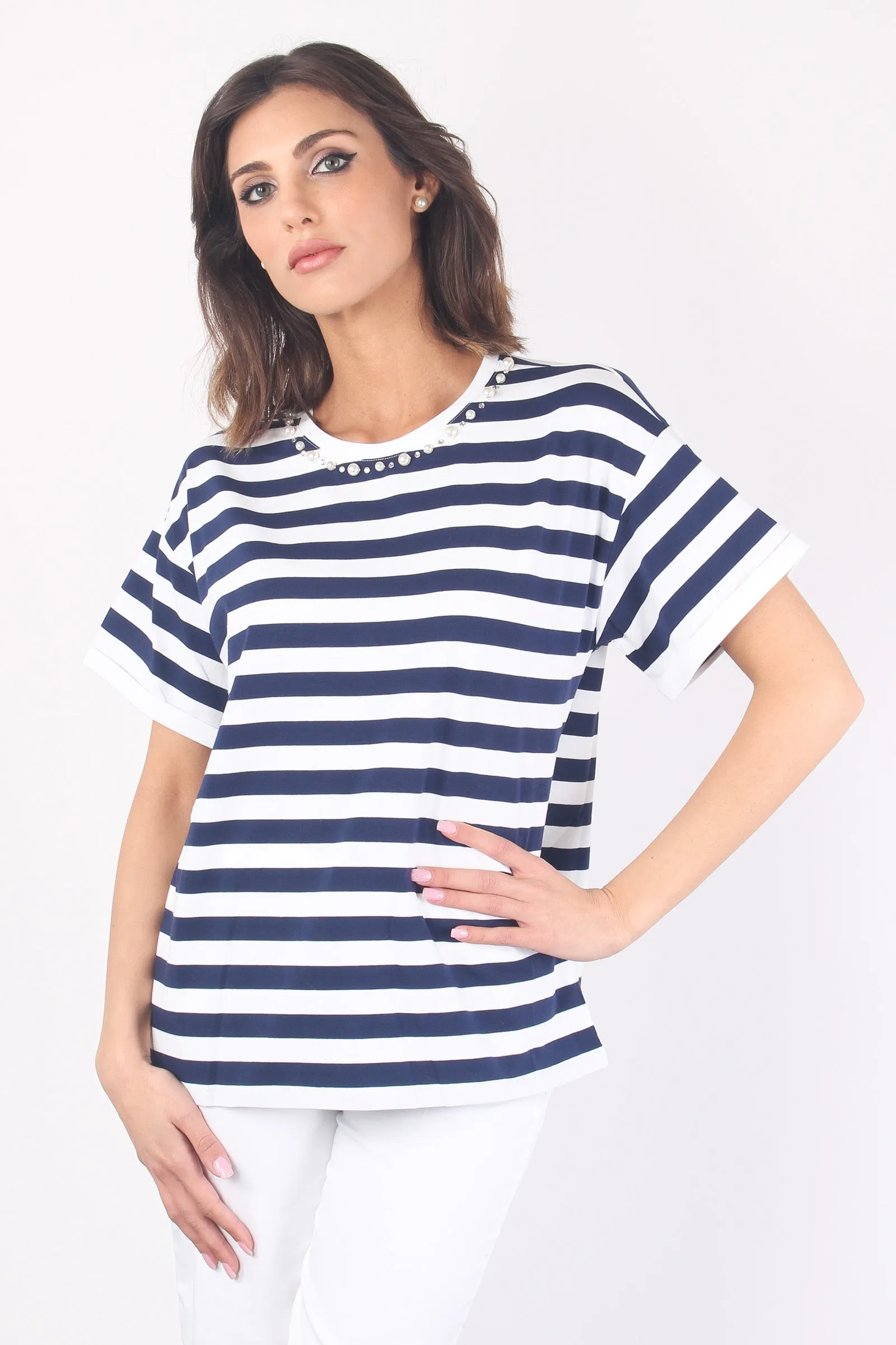 T-shirt Over Righe Collo Perle Bianco/blu