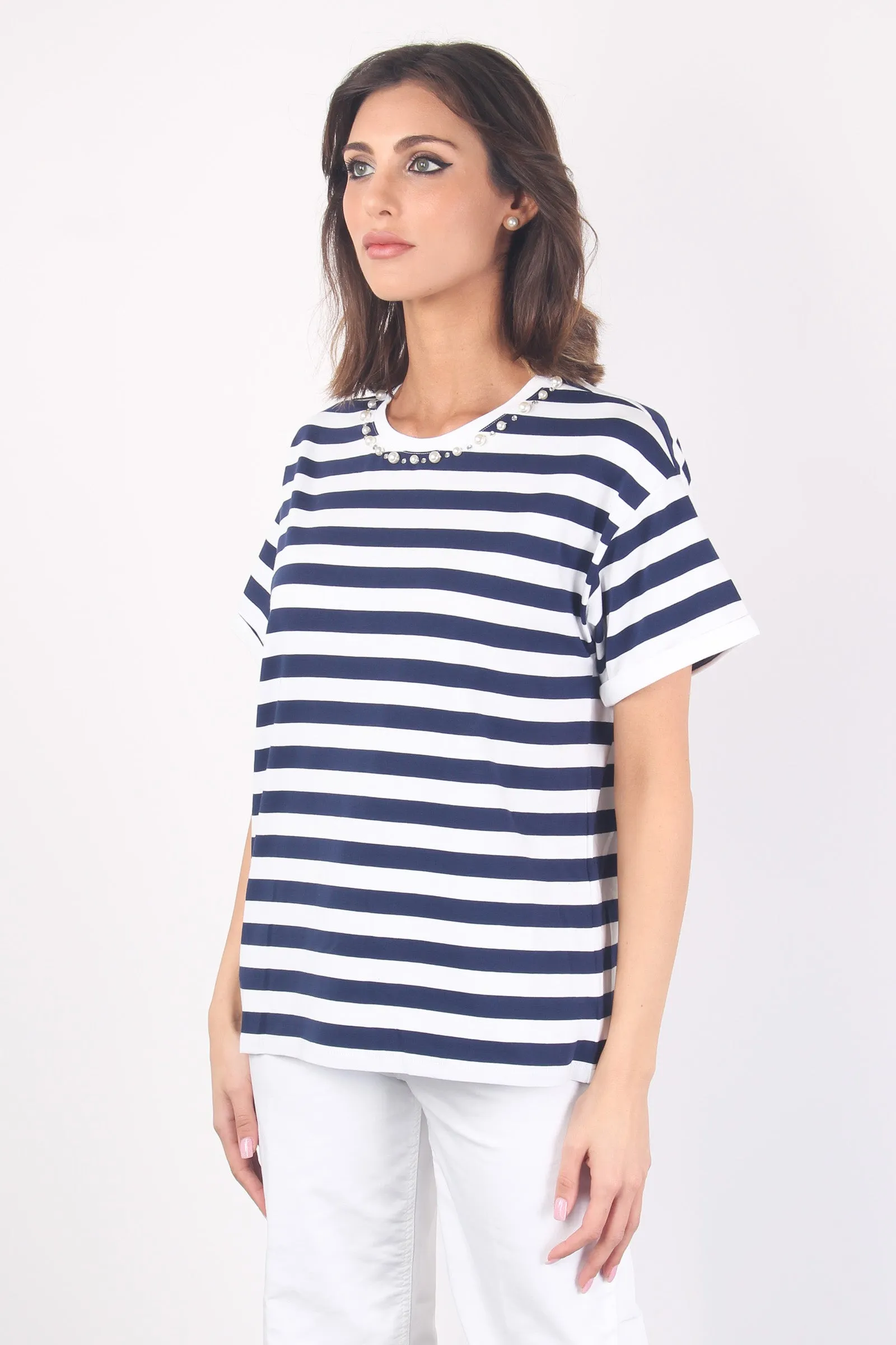 T-shirt Over Righe Collo Perle Bianco/blu