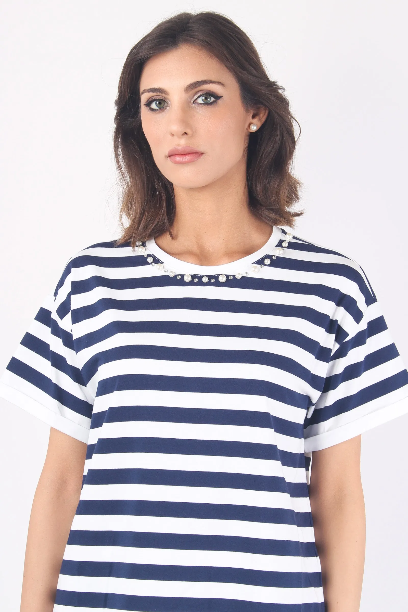 T-shirt Over Righe Collo Perle Bianco/blu