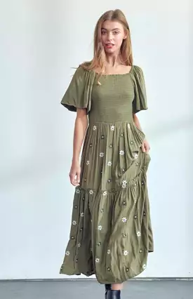 The Bridget Embroidered Flower Dress in Green and Cream