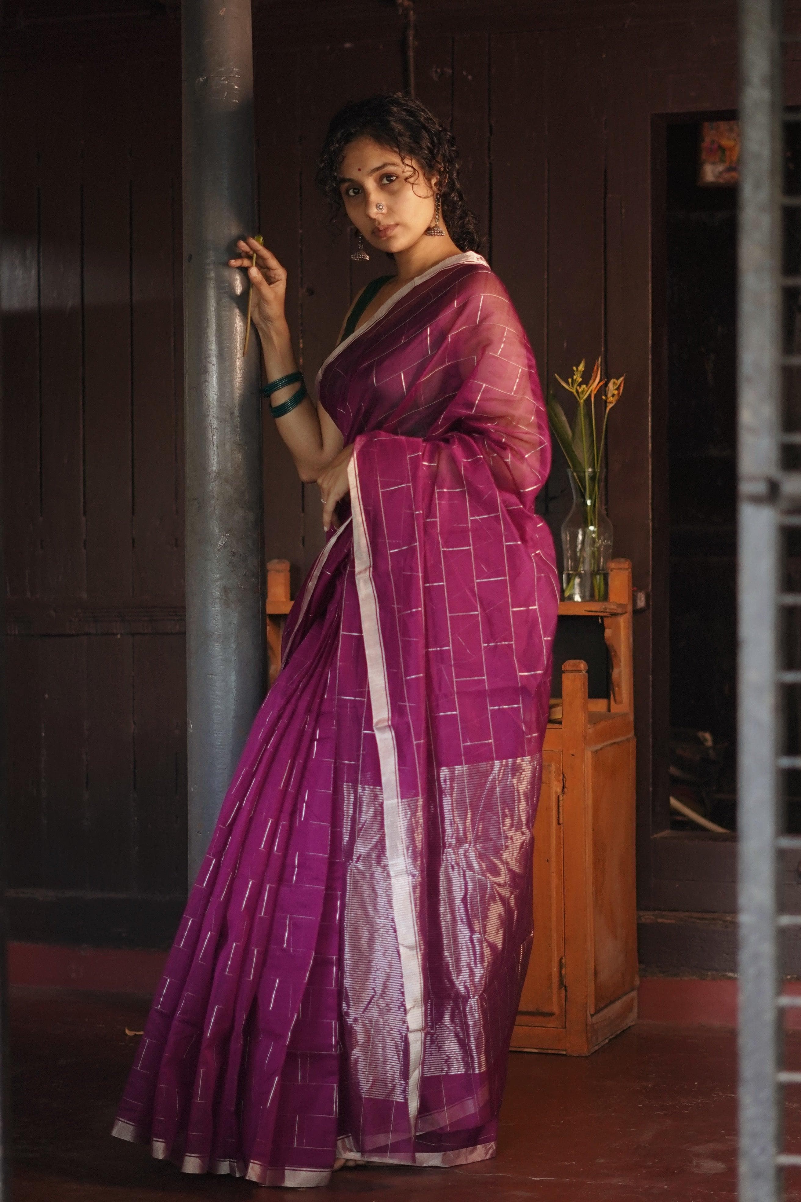 Utsav Pink silk cotton silver Zari Chanderi Saree