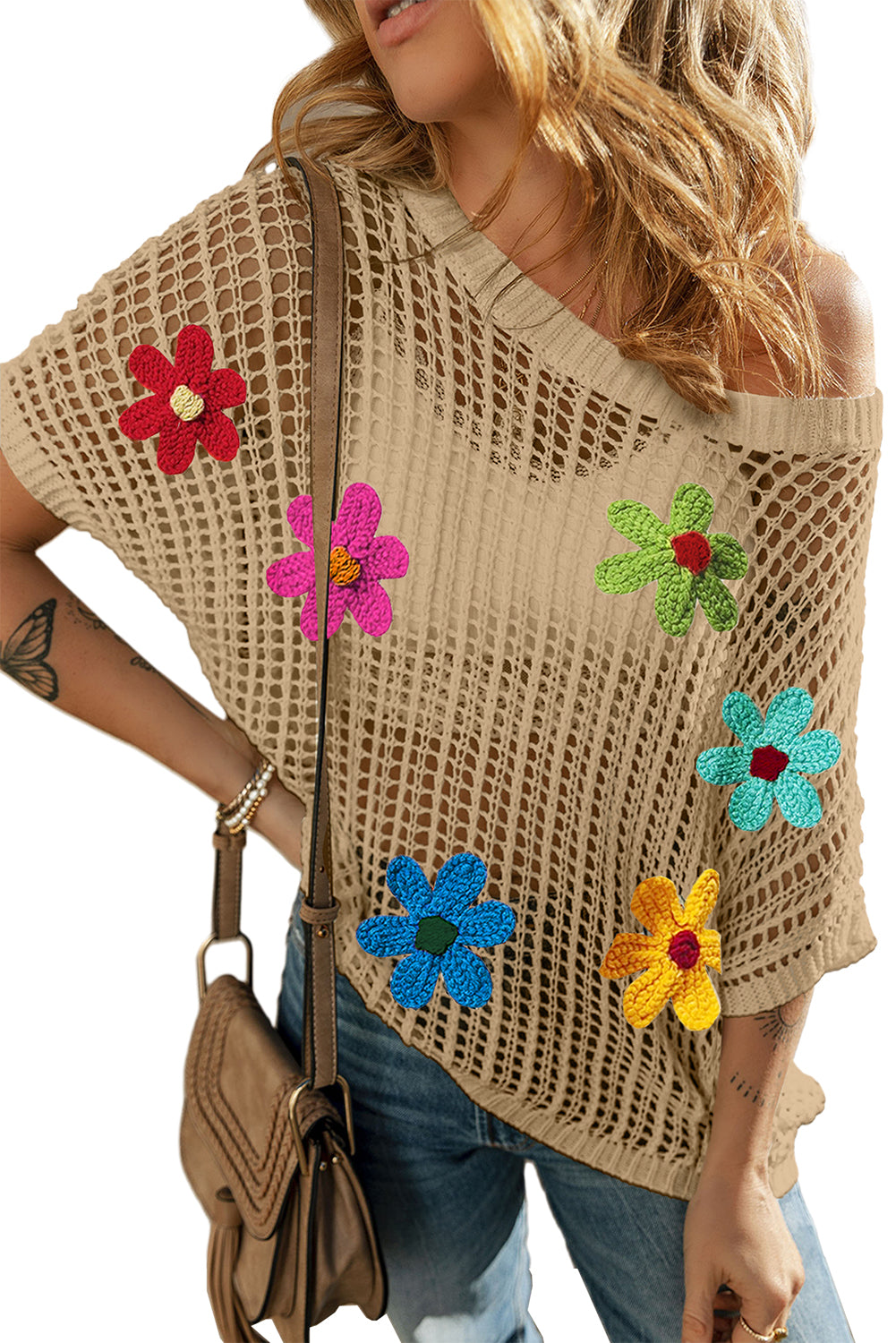 White Hollowed Crochet Colorful Flower Loose Knit T Shirt