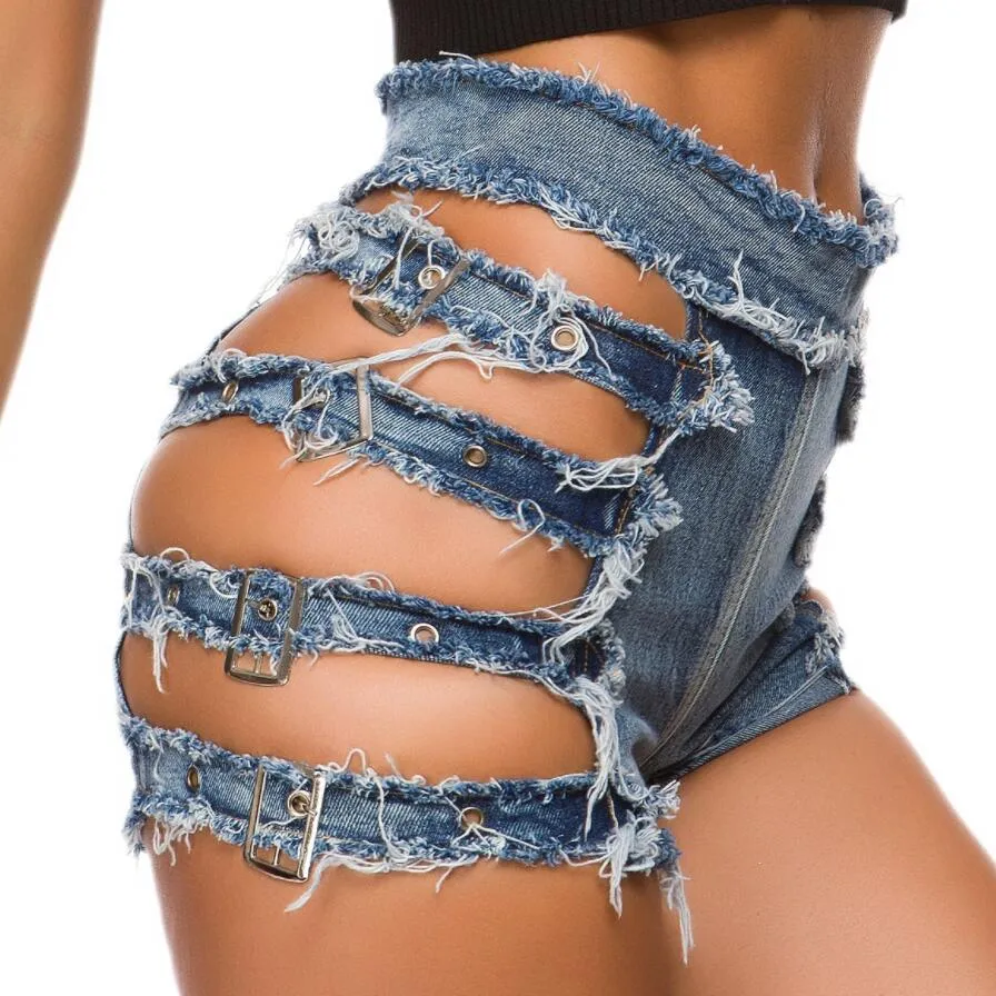 Women's Sexy Denim Bandage Ripped Hollow Out High Waist Jeans Shorts