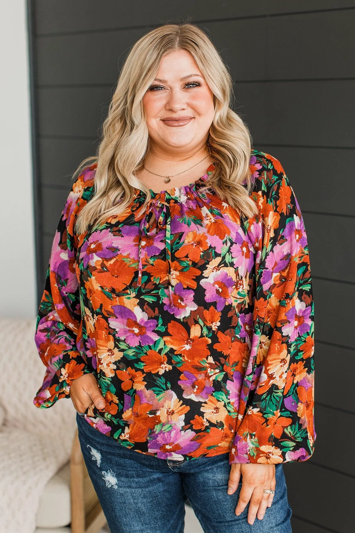 Won't Miss A Thing Floral Blouse- Black, Purple, & Rust