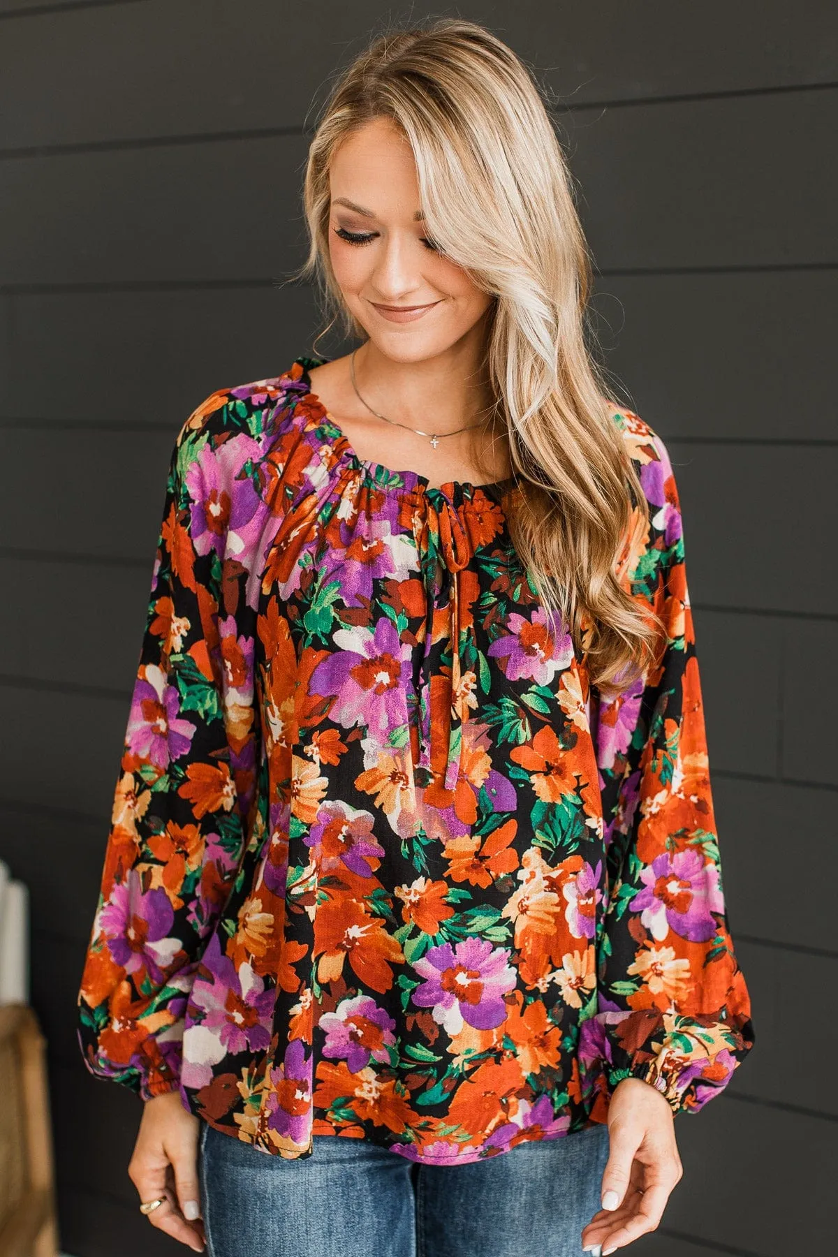 Won't Miss A Thing Floral Blouse- Black, Purple, & Rust